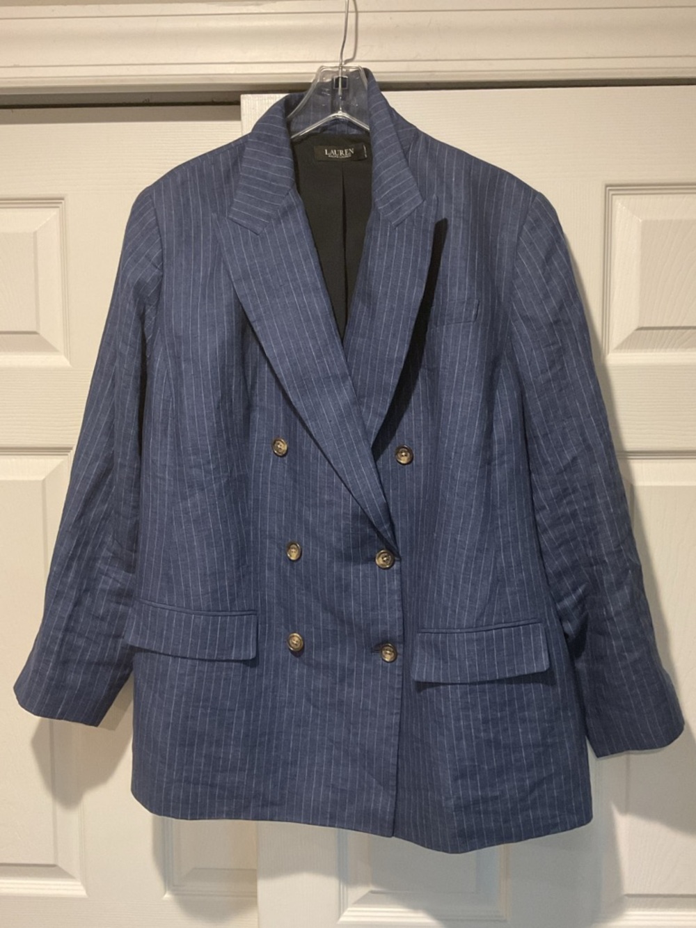 Ralph Lauren VTG Men’s Linen Blue Stripe Double-Breast Blazer Jacket Sport Coat